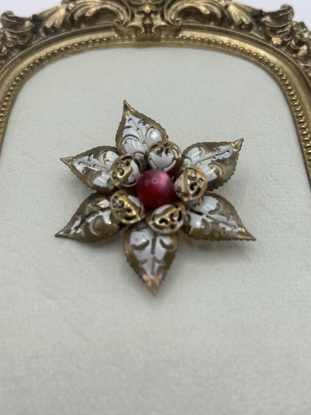 Coro Moonglow Pink Lucite Flower Brooch White Enamel Vintage Costume Jewelry